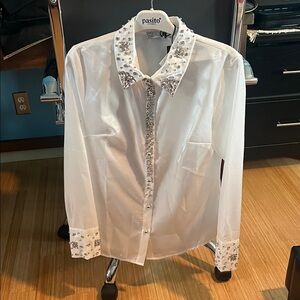 Elegant White Embellished Women's Button Down Shirt